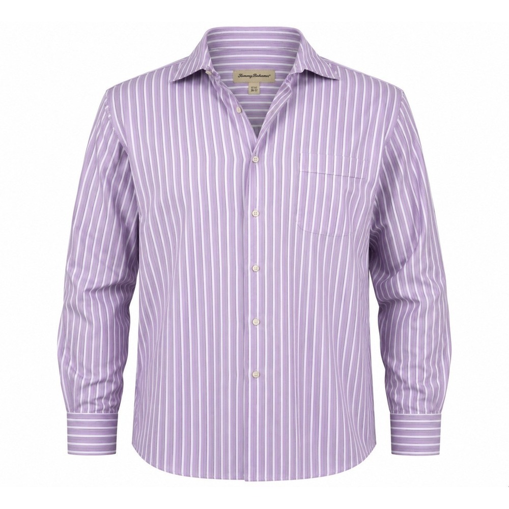 Tommy Bahama Mens Purple White Striped Button Down Shirt 17.5 36-37 Cotton
